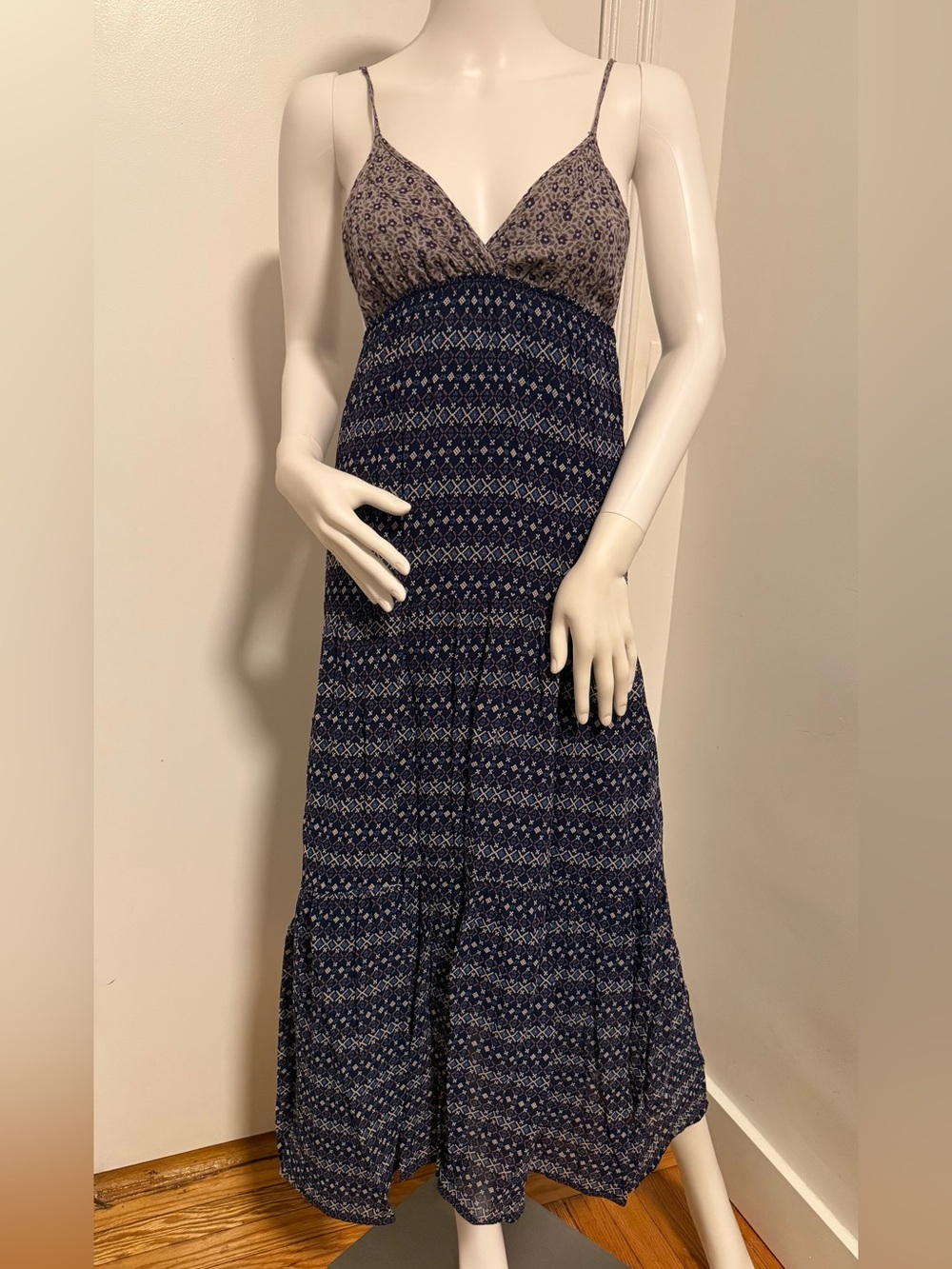 Vintage Blu Moon Navy Patterned Spaghetti-Strap Maxi Dress size 1 ( S)